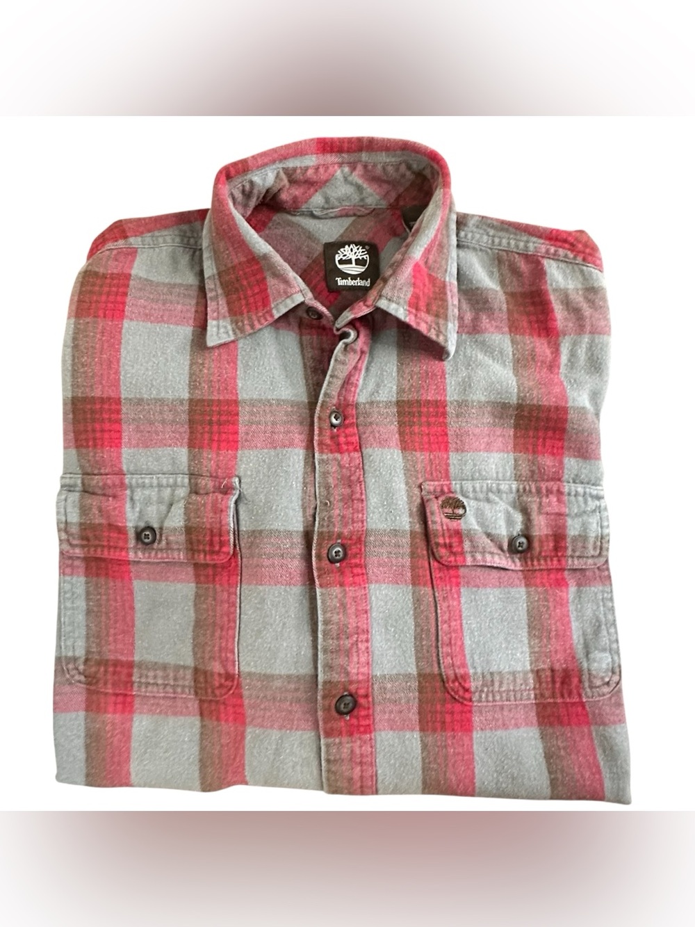 Timberland Plaid Flannel Button Up Shirt Men’s Medium Gray & Red